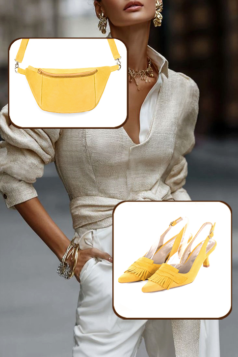Dress slingback heels in yellow leather with medium spool heels and pointed toe - Top view